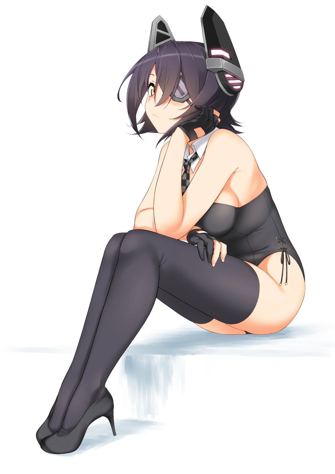 black_footwear black_gloves black_hair black_legwear black_leotard breasts checkered checkered_neckwear closed_mouth detached_collar eyepatch from_side full_body gloves hatakenaka_(kamagabuchi) headgear high_heels highres kantai_collection large_breasts leotard looking_at_viewer partly_fingerless_gloves playboy_bunny_leotard sitting solo tenryuu_(kantai_collection) thighhighs white_background yellow_eyes