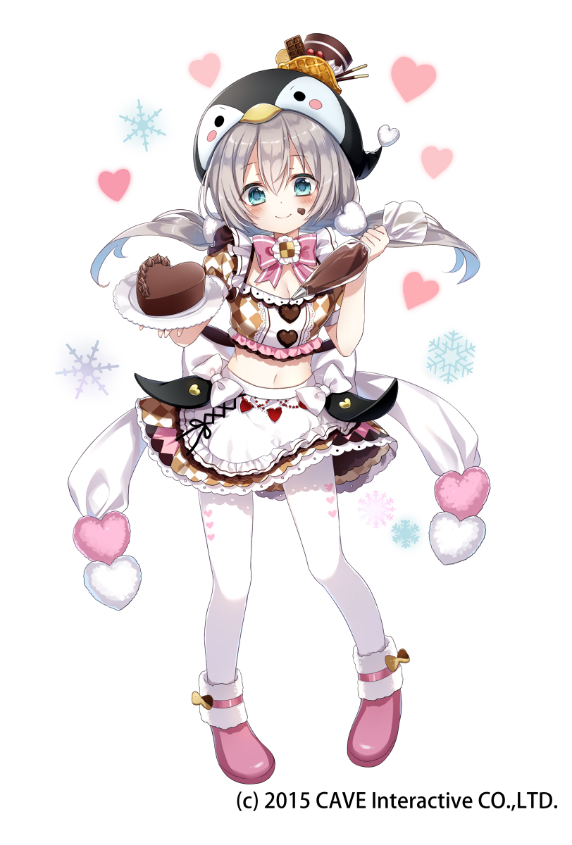 2015 ankle_boots apron aqua_eyes bangs black_hat blush boots bow bowtie breasts brown_skirt cake checkerboard_cookie checkered checkered_shirt checkered_skirt cherry chocolate chocolate_bar chocolate_cake chocolate_on_face cleavage closed_mouth company_name cookie copen_(gothic_wa_mahou_otome) crop_top dessert emia_(castilla) eyebrows_visible_through_hair food food_on_face fruit full_body gothic_wa_mahou_otome hair_between_eyes hair_ornament hat head_tilt heart heart-shaped_cake heart-shaped_food heart_background heart_hair_ornament highres holding holding_plate long_hair looking_at_viewer low_twintails meringue midriff miniskirt navel official_art pantyhose pastry_bag penguin_hat pigeon-toed pink_bow pink_footwear pink_neckwear plate pocky shiny shiny_hair shirt short_sleeves silver_hair skirt small_breasts smile snowflake_background solo standing stomach tareme twintails waffle waist_apron white_apron white_background white_bow white_legwear