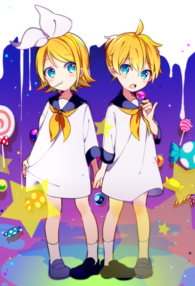 1girl :o :t bad_id bad_pixiv_id blonde_hair blue_eyes blush bow brother_and_sister candy candy_cane chewing child dress dress_shirt eating eyebrows_visible_through_hair food hair_bow hair_ornament hairclip hikage_(paccuntyo) holding_hands interlocked_fingers kagamine_len kagamine_rin lollipop mary_janes open_mouth pigeon-toed sailor_collar sailor_dress shirt shoes siblings skirt_hold socks star sweets twins vocaloid younger