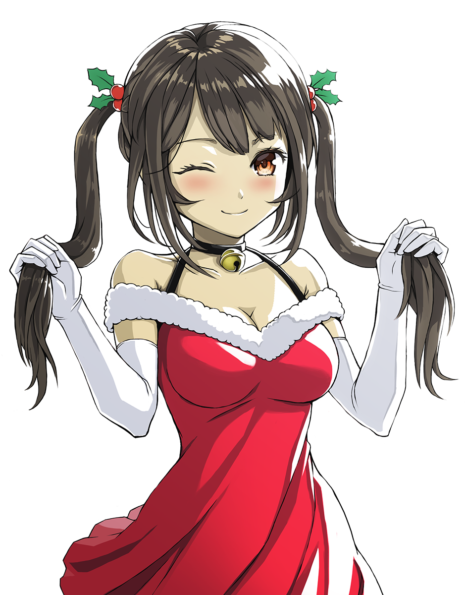 bell bell_collar breasts brown_hair cleavage collar collarbone commentary dress elbow_gloves eyebrows_visible_through_hair fur_trim gloves highres holding holding_hair jchoy medium_breasts one_eye_closed original red_dress santa_costume simple_background smile twintails white_gloves