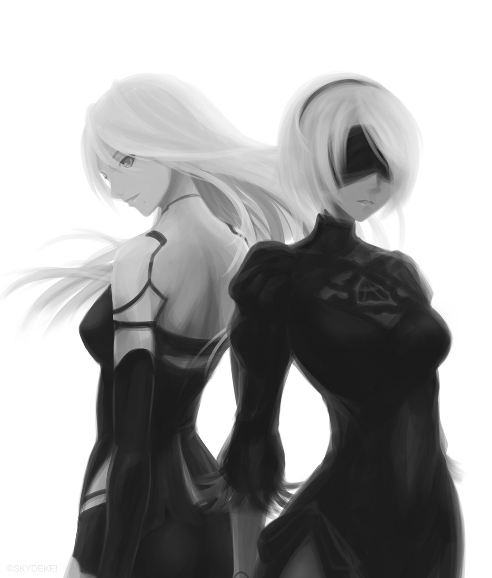 android armlet back-to-back black_dress black_gloves black_hairband black_shorts blindfold cleavage_cutout covered_eyes dress elbow_gloves facing_viewer feather-trimmed_sleeves gloves greyscale hairband juliet_sleeves long_hair long_sleeves looking_back mole mole_under_mouth monochrome multiple_girls nier_(series) nier_automata puffy_sleeves robot_joints short_shorts shorts skyde_kei tank_top yorha_no._2_type_b yorha_type_a_no._2
