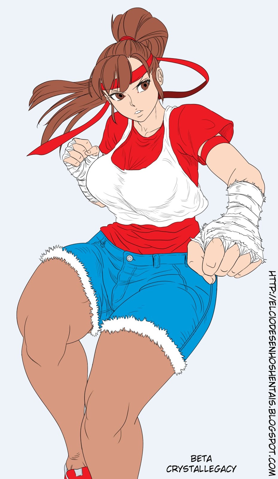 1girl armband bandage bangs black_legwear breakers breasts brown_eyes brown_hair brown_legwear clavicle cleavage crystal_legacy curvaceous female fighting_stance headband hips large_breasts leg_up lips lipstick long_hair makeup muscle muscular muscular_female pantyhose ponytail pose punching scrunchie shelly_tarlar shiny shiny_skin shirt shorts simple_background smile snk solo tanktop thick_thighs thigh_gap thighs tia_langray tied_hair visco wide_hips wrist_wrap wrist_wraps