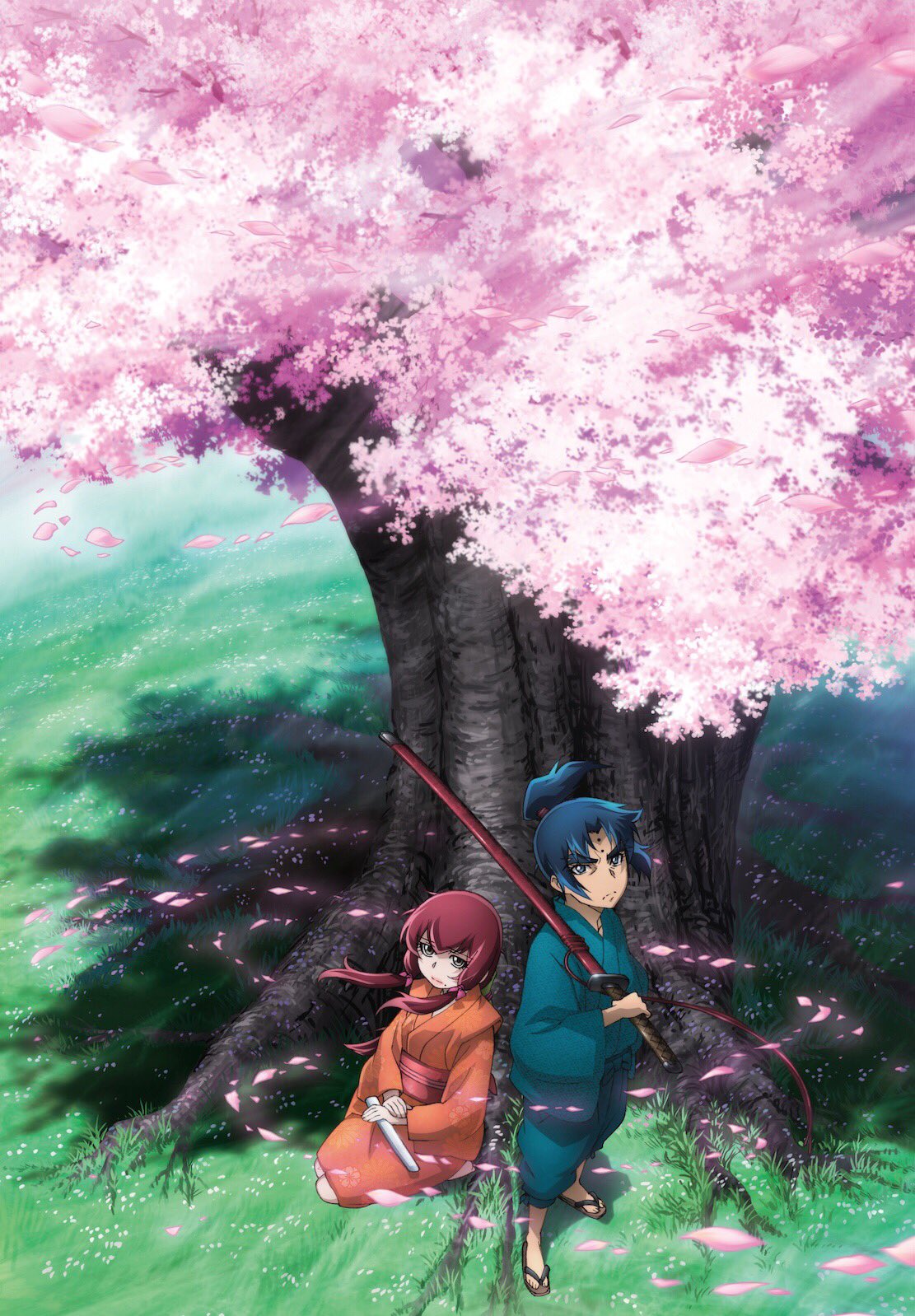 1girl artist_request basilisk_(manga) basilisk_ouka_ninpouchou blue_hair cherry_blossoms child from_above full_body grass highres iga_hibiki japanese_clothes jpeg_artifacts katana kimono kouga_hachirou looking_at_viewer looking_up official_art outdoors ponytail red_hair sandals seiza serious sitting standing sword thick_eyebrows tree weapon wind