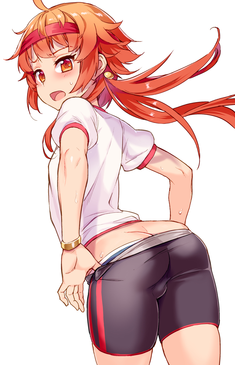 1boy androgynous ass blush curvy embarrassed fate/grand_order fate_(series) hairband headband long_hair looking_at_viewer looking_back rama_(fate/grand_order) red_hair shiny shorts simple_background solo source_request sweat trap xil