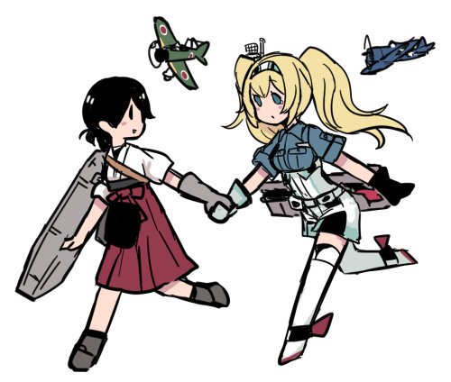 aircraft airplane black_hair blonde_hair blue_eyes commentary gambier_bay_(kantai_collection) gloves hakama holding_hands japanese_clothes kantai_collection kasuga_maru_(kantai_collection) long_hair looking_at_another looking_back lowres multiple_girls partly_fingerless_gloves short_hair terrajin thighhighs twintails very_long_hair yugake