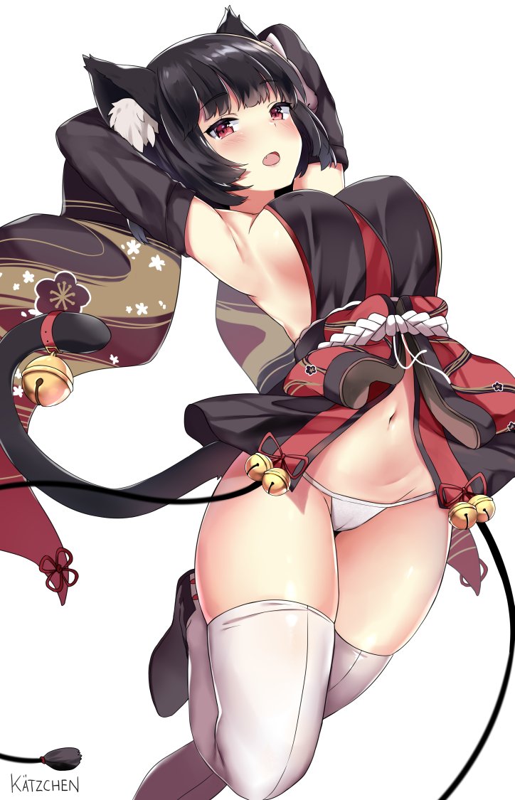 :d animal_ears armpits arms_behind_head arms_up azur_lane bangs bell black_hair black_serafuku blunt_bangs blush breasts cameltoe commentary detached_sleeves eyebrows_visible_through_hair fang hair_ornament japanese_clothes jingle_bell kaetzchen large_breasts leg_up long_sleeves looking_at_viewer navel nontraditional_miko open_mouth school_uniform serafuku short_hair signature simple_background smile solo standing standing_on_one_leg stomach tail tail_bell thighhighs white_background white_legwear wide_sleeves yamashiro_(azur_lane)