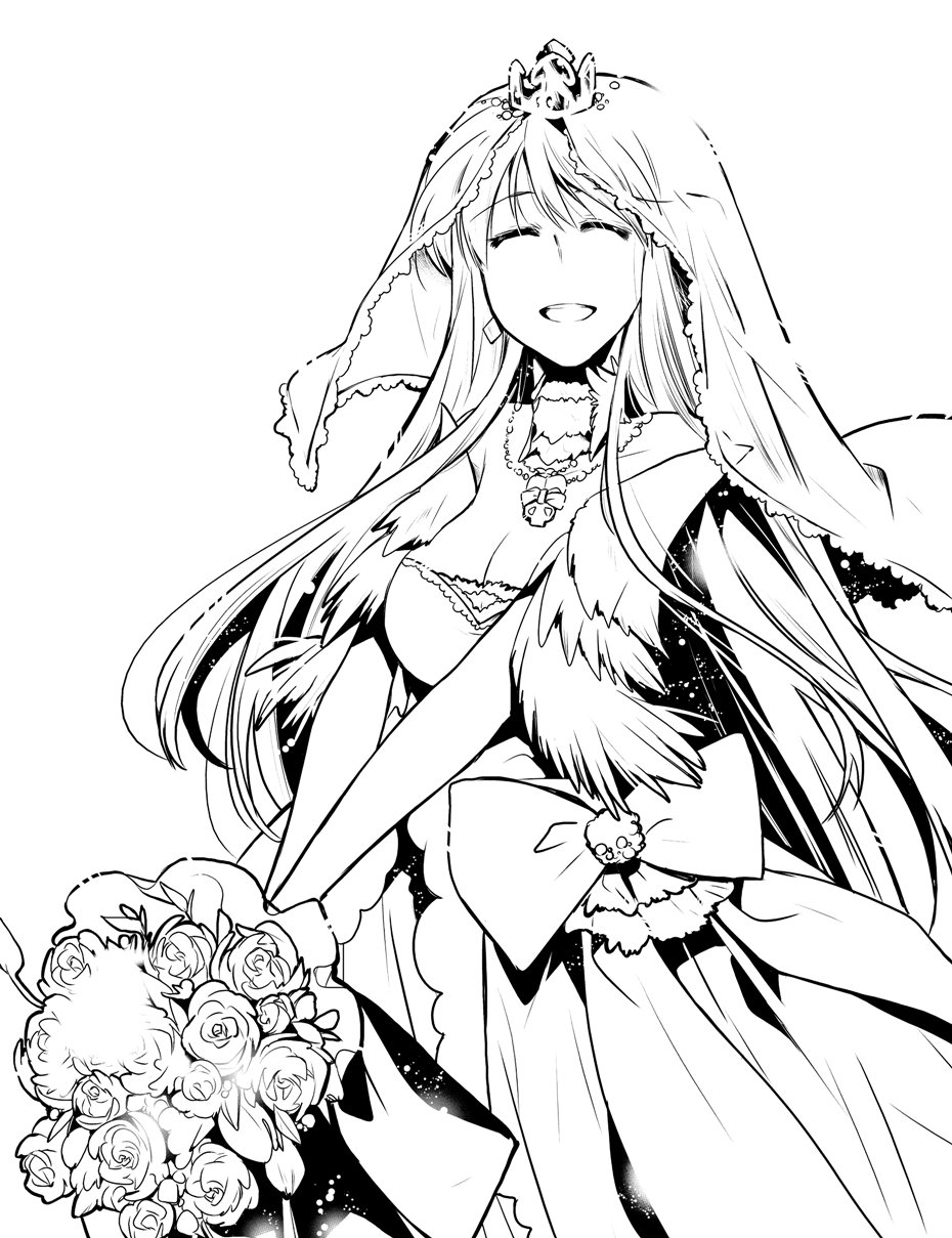 azur_lane bangs bouquet breasts bridal_veil bride cleavage closed_eyes commentary_request cowboy_shot crown dress dress_bow earrings enterprise_(azur_lane) floating_hair flower greyscale highres holding holding_bouquet jewelry kapiko long_hair medallion medium_breasts mini_crown monochrome neck_garter rose smile solo veil very_long_hair wedding_dress