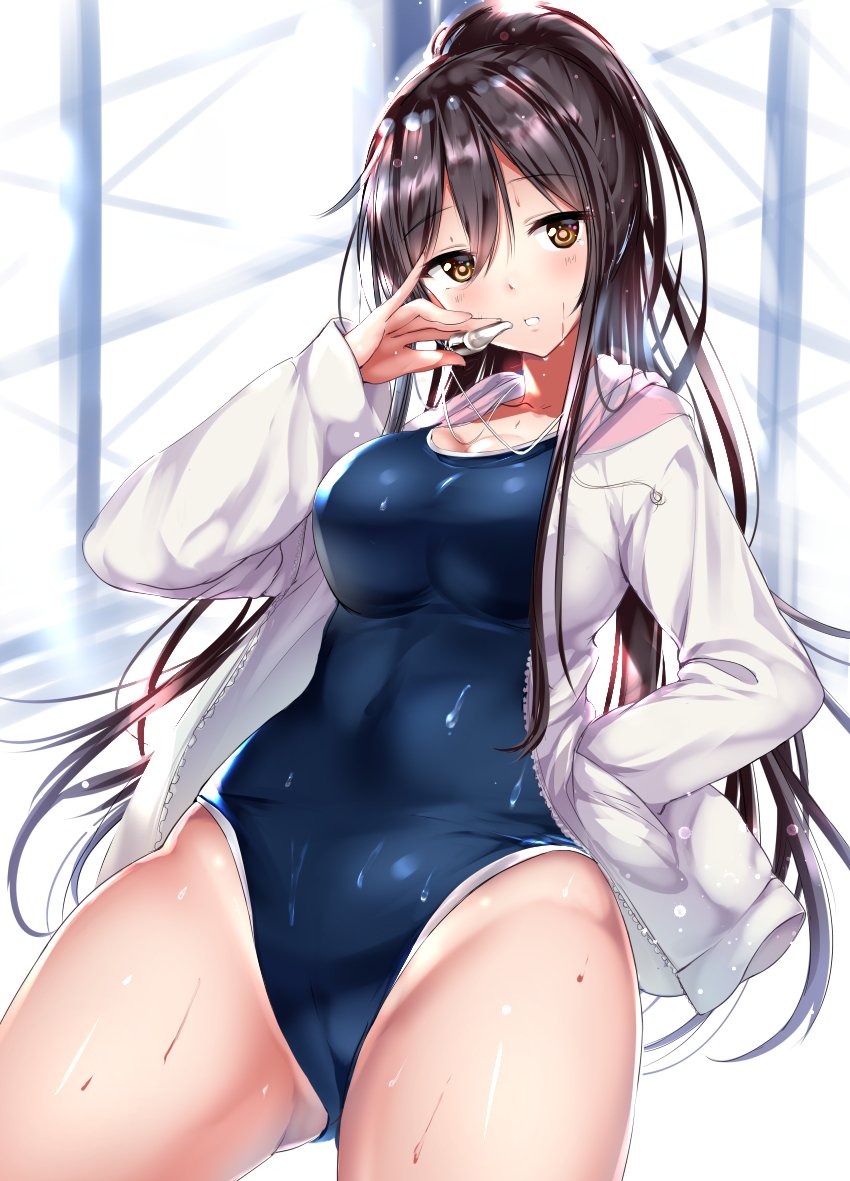 black_hair blue_swimsuit brown_eyes commentary_request contrapposto cowboy_shot gorua_(youce01) hand_on_hip idolmaster idolmaster_shiny_colors jacket long_hair looking_at_viewer new_school_swimsuit one-piece_swimsuit open_clothes open_jacket ponytail school_swimsuit shirase_sakuya solo standing swimsuit whistle white_jacket
