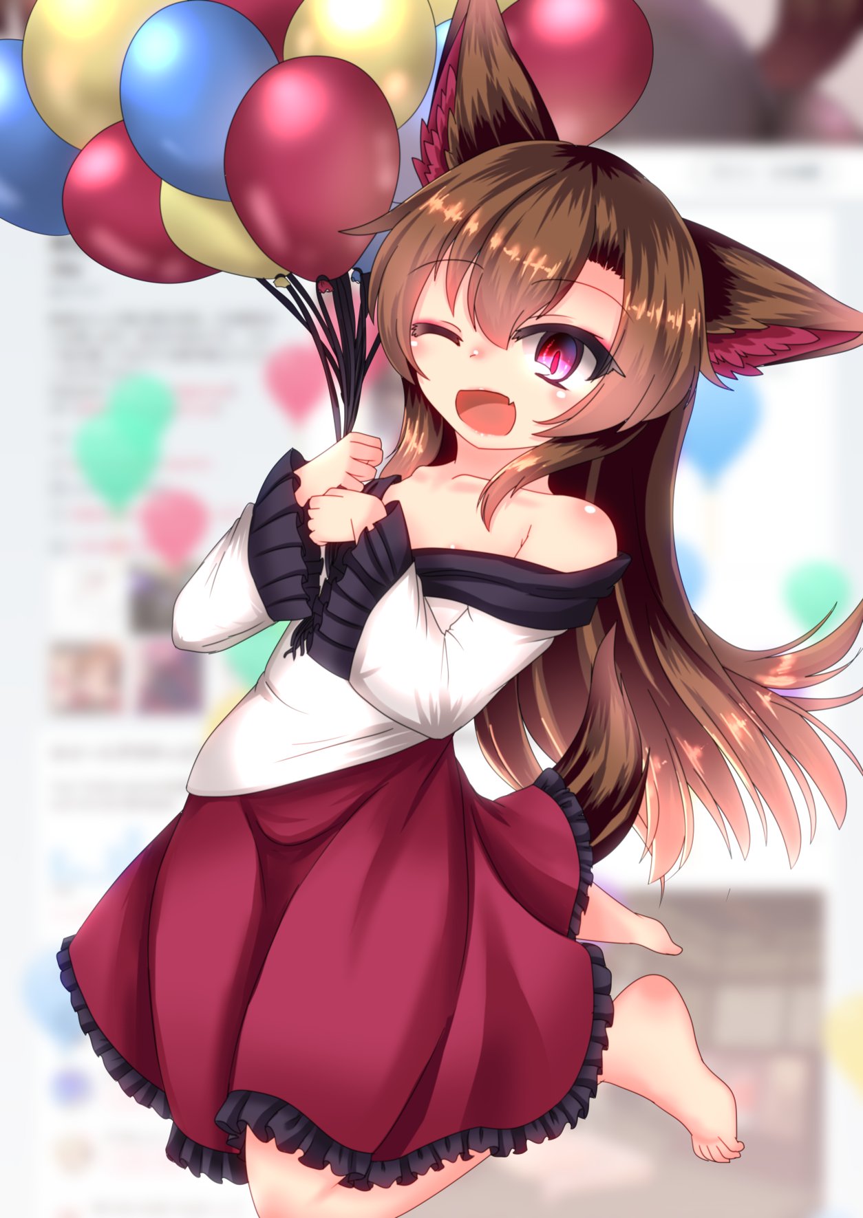 animal_ears areola_slip areolae balloon bangs bare_shoulders brown_hair dress eyebrows_visible_through_hair flat_chest floating frilled_dress frilled_sleeves frills hair_between_eyes happy_birthday highres holding holding_balloon imaizumi_kagerou karasuma_amiru long_hair long_sleeves maroon_dress off_shoulder one_eye_closed photo_background red_eyes red_pupils reflective_eyes shiny shiny_hair shiny_skin slit_pupils solo toes touhou very_long_hair wolf_ears