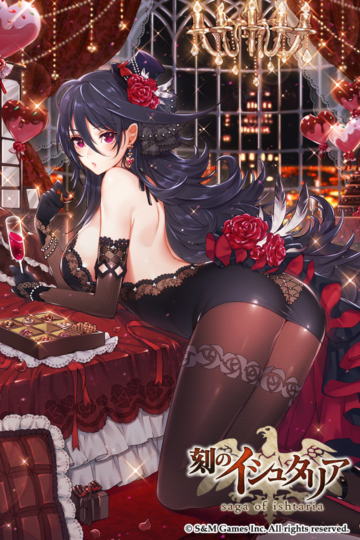:o age_of_ishtaria ass backless_dress backless_outfit balloon bangs bare_shoulders bed bed_sheet black_dress black_gloves black_hair black_hat box box_of_chocolates bracelet breasts brown_legwear chandelier chocolate chocolate_heart cityscape copyright_name cup curtains dress drink drinking_glass earrings elbow_gloves floral_print flower from_side gift gift_box glint gloves hair_between_eyes hair_flower hair_ornament hat heart heart_balloon heart_earrings holding holding_cup indoors jewelry kneeling large_breasts long_hair looking_at_viewer looking_to_the_side moriko06 night official_art on_bed pantyhose parted_lips pearl_bracelet petals pillow pink_eyes print_legwear red_flower red_rose rose rose_print shiny shiny_clothes sideboob solo top_hat very_long_hair window