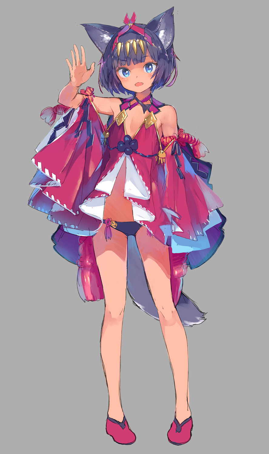 :d animal_ears arm_at_side arm_up bare_shoulders black_hair black_panties blue_eyes blush cat_ears eyebrows_visible_through_hair flat_chest fox_ears fox_tail full_body grey_background headpiece highres legs_apart long_sleeves looking_at_viewer no_socks open_mouth original panties pigeon-toed red_footwear revealing_clothes shindou_kamichi shiny shiny_hair short_hair simple_background sketch smile solo standing tail underwear wide_sleeves