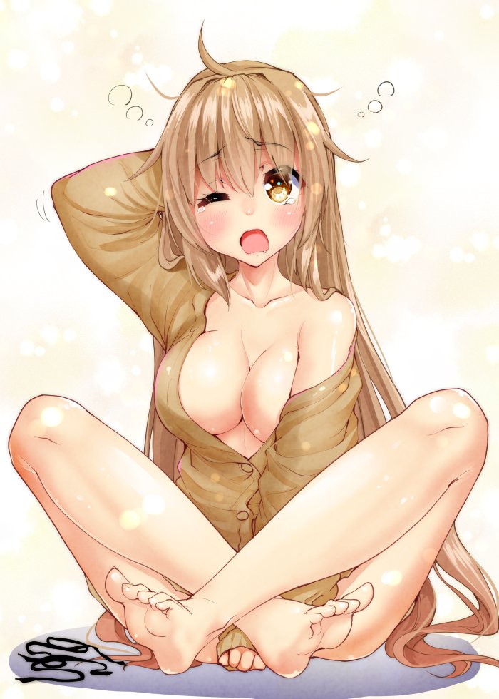 ahoge arm_behind_head barefoot between_legs blush breasts brown_eyes cardigan cleavage collarbone crossed_legs feet hair_down hand_between_legs headwear_removed kantai_collection large_breasts long_hair messy_hair mokufuu murasame_(kantai_collection) naked_cardigan off_shoulder one_eye_closed open_cardigan open_clothes open_mouth sitting soles solo very_long_hair