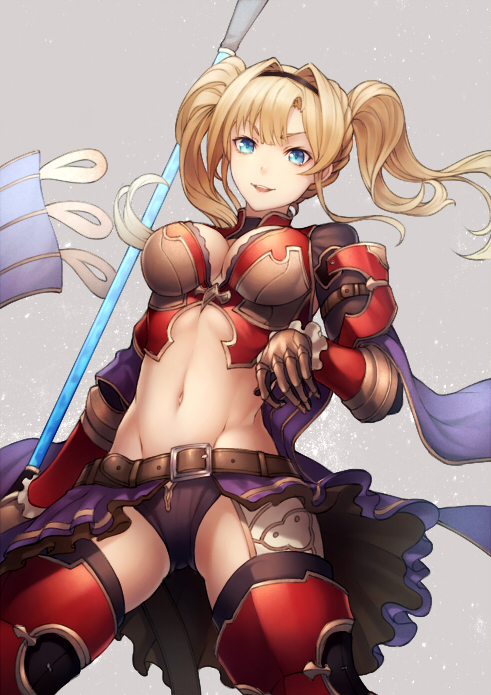 apron arm_guards armor banned_artist belt belt_buckle black_hairband black_legwear black_shorts blonde_hair blue_eyes boots breasts brown_gloves buckle cleavage eyebrows_visible_through_hair from_below gloves granblue_fantasy grey_background groin hairband holding holding_staff kyoeiki large_breasts legs_apart light_particles long_hair looking_at_viewer looking_down navel parted_lips red_footwear shawl short_shorts shorts simple_background smile solo staff standing stomach swimsuit thigh_boots thighhighs thighhighs_under_boots toned twintails v-shaped_eyebrows waist_apron zeta_(granblue_fantasy)