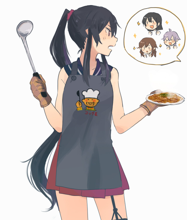 &gt;_&lt; :d agano_(kantai_collection) annin_musou apron black_apron black_hair black_sailor_collar brown_hair commentary food garter_straps holding holding_plate kantai_collection long_hair multiple_girls noshiro_(kantai_collection) open_mouth plate pleated_skirt ponytail purple_hair red_eyes red_skirt sailor_collar sakawa_(kantai_collection) skirt smile solo_focus sparkle v-shaped_eyebrows very_long_hair yahagi_(kantai_collection) yakisoba