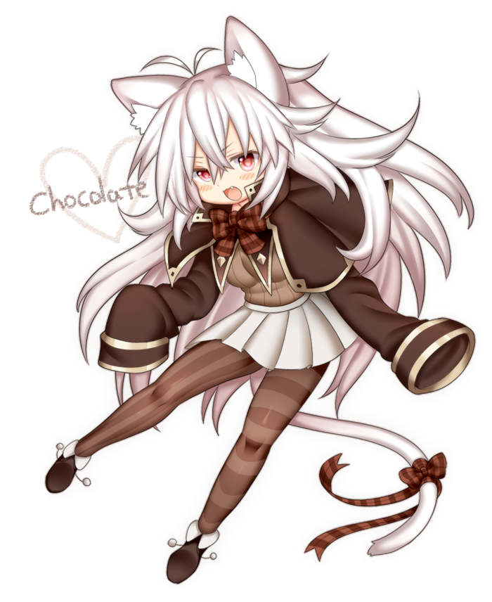 :d animal_ear_fluff animal_ears antenna_hair blush_stickers bow bowtie brown_legwear cat_ears cat_girl cat_tail coat commentary english fang heart long_hair miniskirt mismatched_legwear mofuaki open_mouth original pantyhose pleated_skirt red_eyes skirt sleeves_past_fingers sleeves_past_wrists smile solo striped striped_legwear sweater tail tail_bow vertical_stripes very_long_hair white_hair
