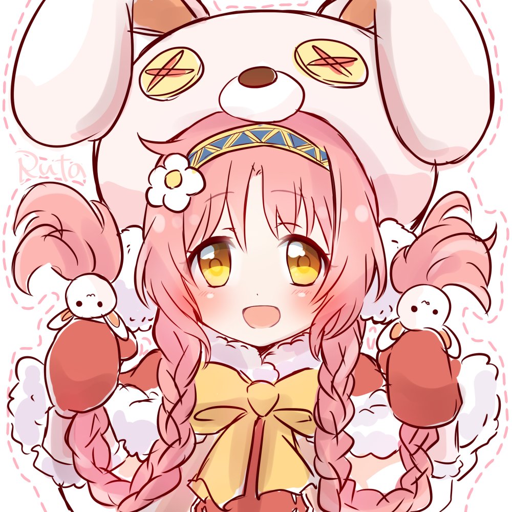 akane_mimi animal_hood braid bunny_hood flower gloves hair_bobbles hair_ornament headband hood pink_hair princess_connect! ribbon rutakun twin_braids yellow_eyes