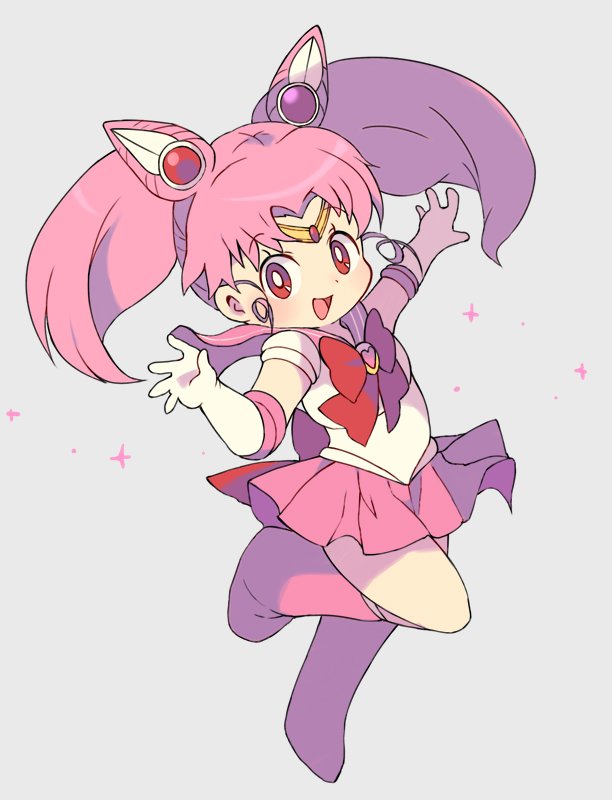 bangs bishoujo_senshi_sailor_moon blush boots chibi_usa double_bun elbow_gloves full_body gloves grey_background looking_at_viewer miyata_(lhr) open_mouth outstretched_arm parted_bangs pink_footwear pink_hair pink_sailor_collar red_eyes sailor_chibi_moon sailor_collar sailor_senshi_uniform simple_background smile solo sparkle tiara twintails white_gloves