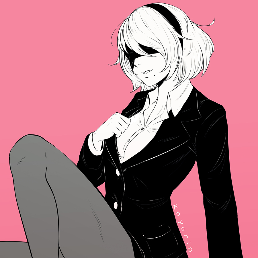 alternate_costume blindfold breasts business_suit collared_shirt covered_eyes formal greyscale hairband koyorin medium_breasts mole mole_under_mouth monochrome nier_(series) nier_automata pantyhose pink_background shirt short_hair skirt_suit solo spot_color suit yorha_no._2_type_b