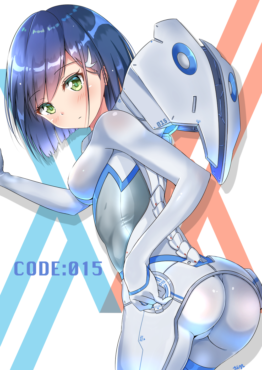 1girl artist_request ass blue_hair blush bodysuit breasts character_name darling_in_the_franxx green_eyes ichigo_(darling_in_the_franxx) leaning leaning_forward looking_at_viewer medium_breasts shiny shiny_clothes shiny_hair short_hair sideboob skin_tight solo white_bodysuit
