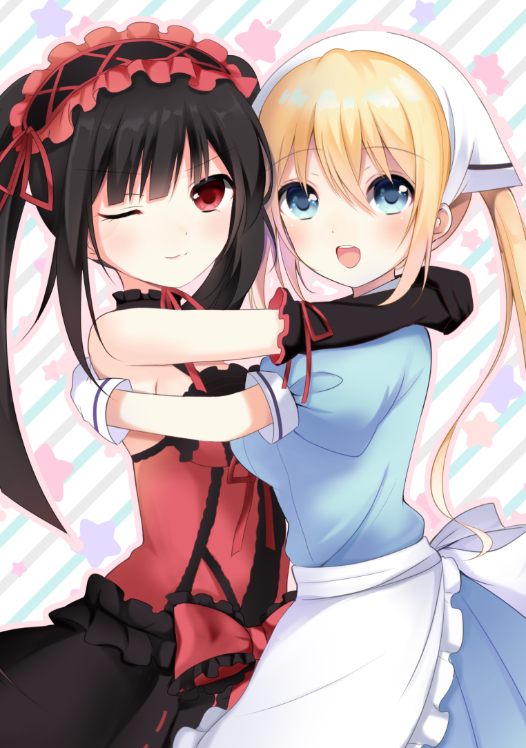 :d apron armpits bare_shoulders black_hair blend_s blonde_hair blue_dress blue_eyes blush breast_press breasts choker commentary_request cowboy_shot crossover date_a_live diagonal_stripes dress elbow_gloves gloves hair_between_eyes hairband head_scarf hinata_kaho hug lolita_fashion lolita_hairband long_hair maid medium_breasts multiple_girls one_eye_closed open_mouth puffy_short_sleeves puffy_sleeves red_eyes ribbon-trimmed_dress shiratoriko short_sleeves smile star starry_background stile_uniform striped striped_background tokisaki_kurumi twintails upper_teeth waist_apron white_apron