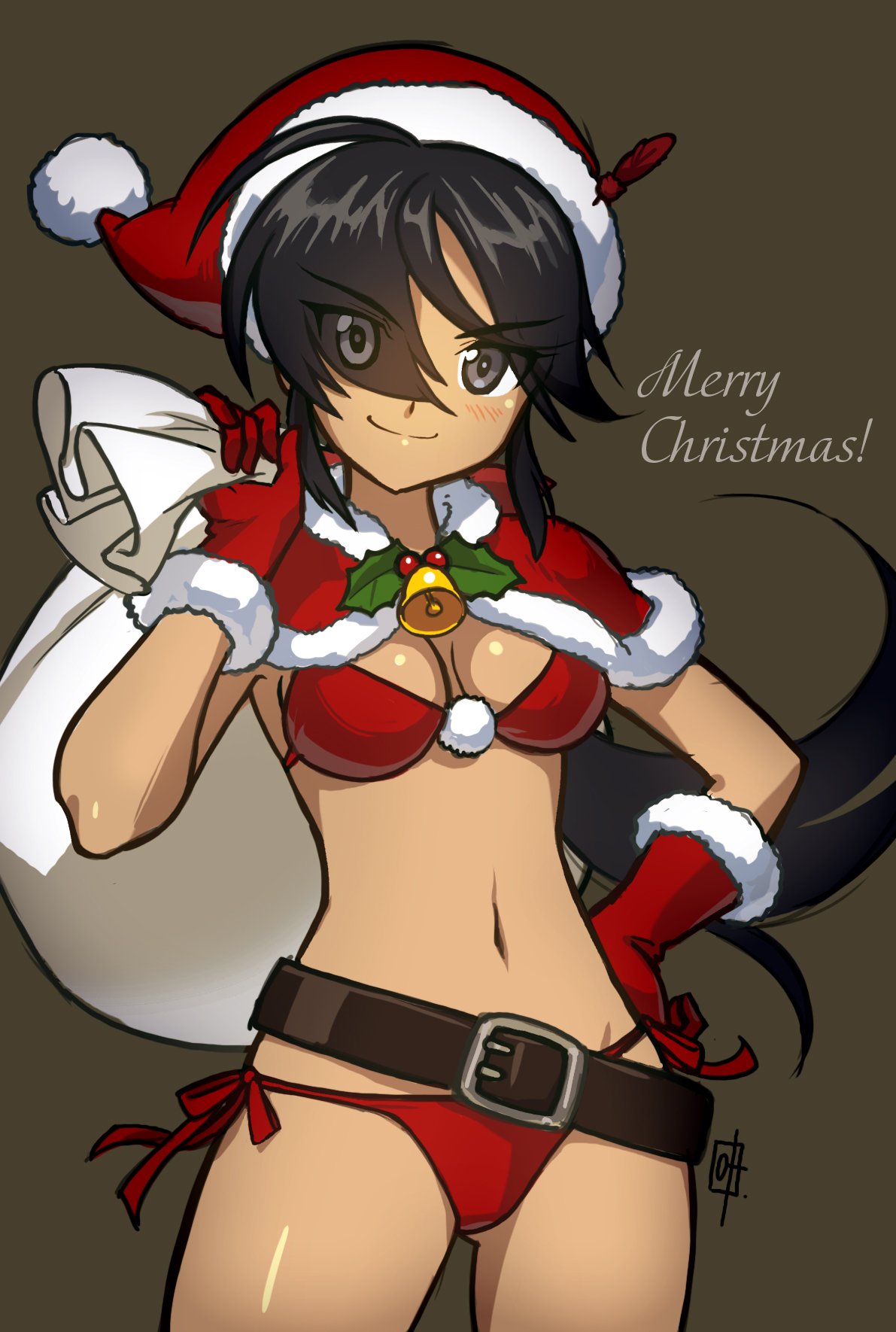 artist_name bangs bell bikini black_background black_eyes black_hair breasts capelet christmas closed_mouth commentary cowboy_shot dark_skin english eyebrows_visible_through_hair eyes_visible_through_hair girls_und_panzer hair_over_one_eye hand_on_hip hat hat_feather highres holding jingle_bell kanou_90 long_hair looking_at_viewer medium_breasts merry_christmas navel ogin_(girls_und_panzer) over_shoulder red_bikini red_capelet red_hat sack santa_costume santa_hat side-tie_bikini signature smile solo standing swept_bangs swimsuit