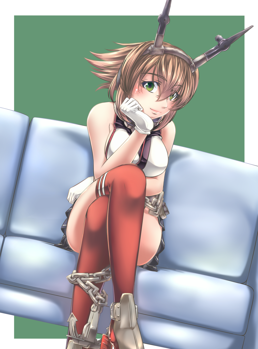 bare_shoulders breasts brown_hair chain couch crossed_legs gloves green_eyes hairband highres kantai_collection kouno_ibuki large_breasts lips midriff miniskirt mutsu_(kantai_collection) radio_antenna red_legwear short_hair sitting skirt solo white_gloves