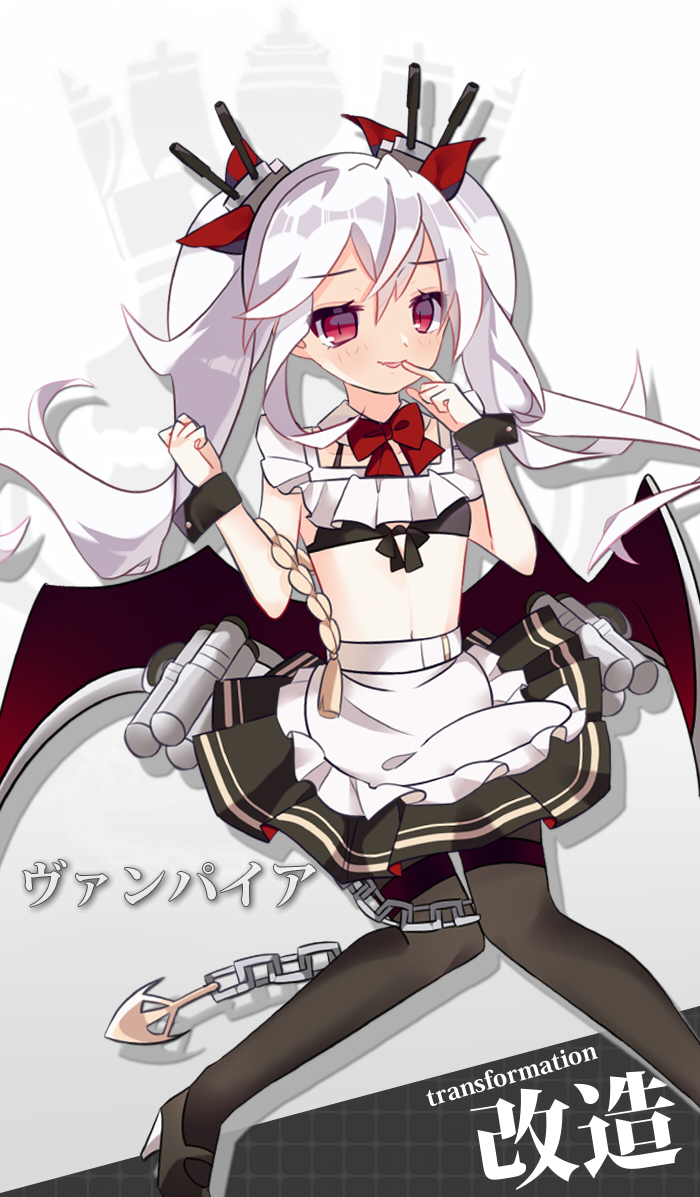 apron azur_lane bangs bikini_bottom black_bikini_top black_footwear black_legwear black_skirt blush cake_(isiofb) commentary_request eyebrows_visible_through_hair finger_to_mouth frilled_apron frills hair_between_eyes hair_ornament hair_ribbon high_heels long_hair low_wings mary_janes md5_mismatch navel pantyhose parted_lips pleated_skirt red_eyes red_ribbon red_wings ribbon shoes silver_hair skirt solo thighband_pantyhose twintails vampire_(azur_lane) very_long_hair waist_apron white_apron wings wrist_cuffs