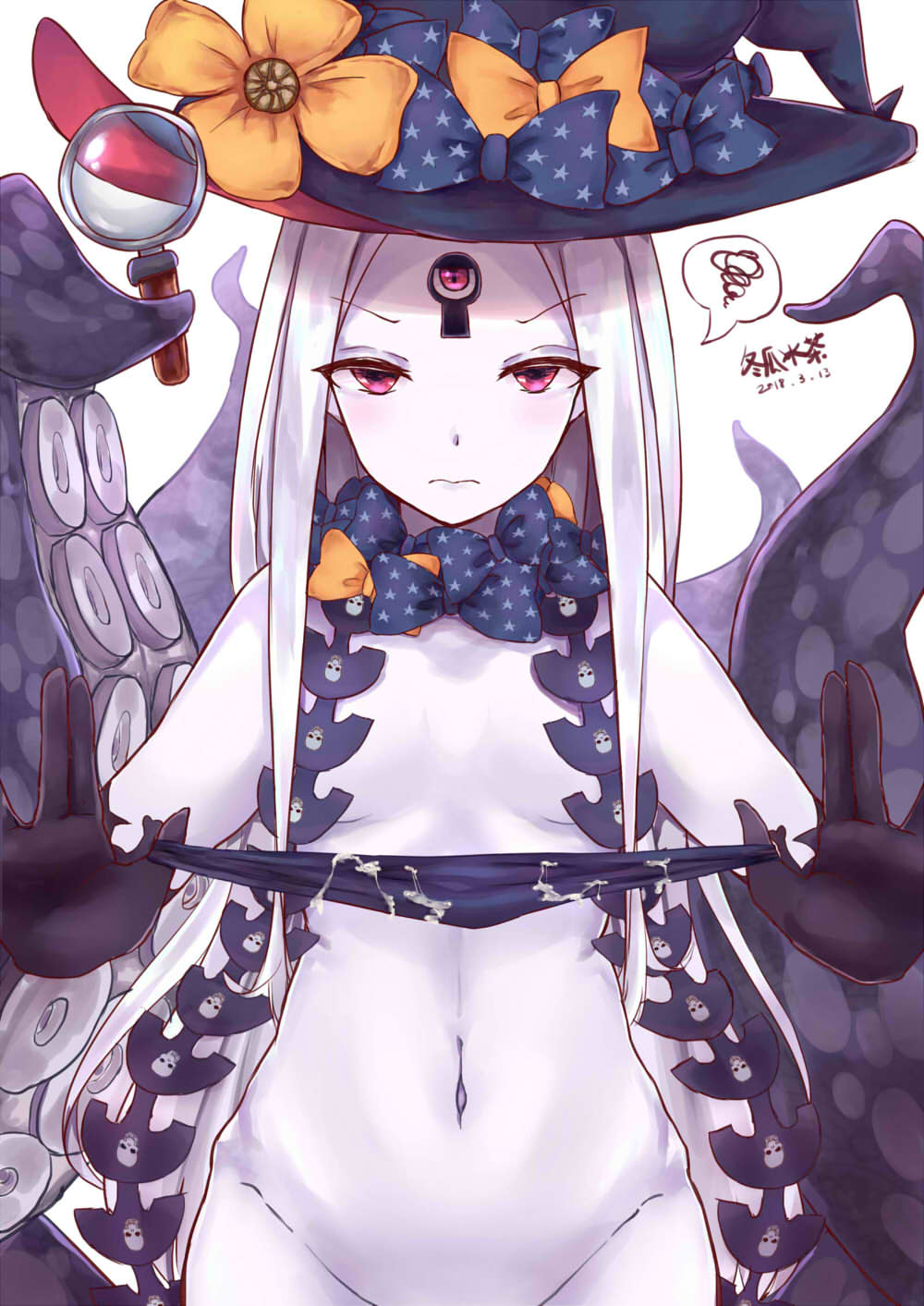 3: abigail_williams_(fate/grand_order) bangs black_bow black_gloves black_hat black_panties bow breasts closed_mouth commentary_request cum cum_on_clothes dated donggua_bing_cha elbow_gloves eyebrows_visible_through_hair fate/grand_order fate_(series) gloves groin hat hat_bow highres long_hair magnifying_glass medium_breasts orange_bow out-of-frame_censoring pale_skin panties panties_removed parted_bangs print_bow purple_eyes revealing_clothes silver_hair simple_background skull_print solo spoken_squiggle squiggle star star_print suction_cups tentacles thighhighs topless underwear v-shaped_eyebrows very_long_hair white_background witch_hat
