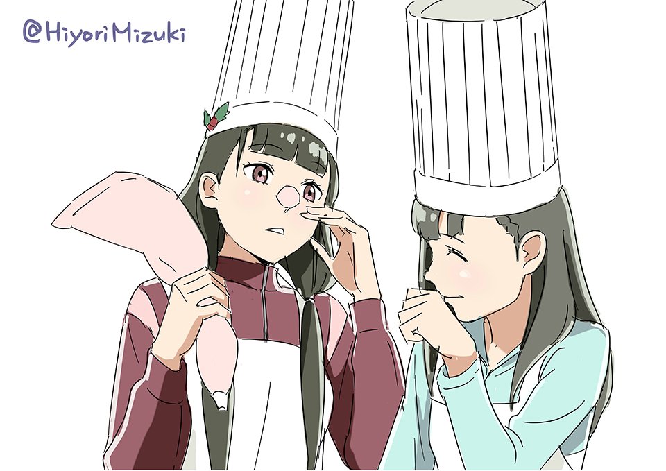 ^_^ apron baking bangs black_hair blunt_bangs braid brown_eyes chef_hat christmas closed_eyes commentary cream cream_on_face eyebrows_visible_through_hair food food_on_face hair_over_shoulder hat hat_ornament hiyori_mizuki holly jacket kobuchizawa_shirase laughing long_hair long_sleeves multiple_girls pastry_bag shiny shiny_skin shiraishi_yuzuki simple_background sketch sora_yori_mo_tooi_basho toque_blanche triangle_mouth twintails twitter_username upper_body whipped_cream white_background