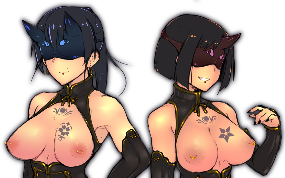 black_hair black_nails breast_tattoo breasts breasts_outside em etou_toshiko inverted_nipples kitagou_fumika large_breasts mask multiple_girls nail_polish nipple_piercing nipples piercing revealing_clothes short_hair smile tattoo world_witches_series