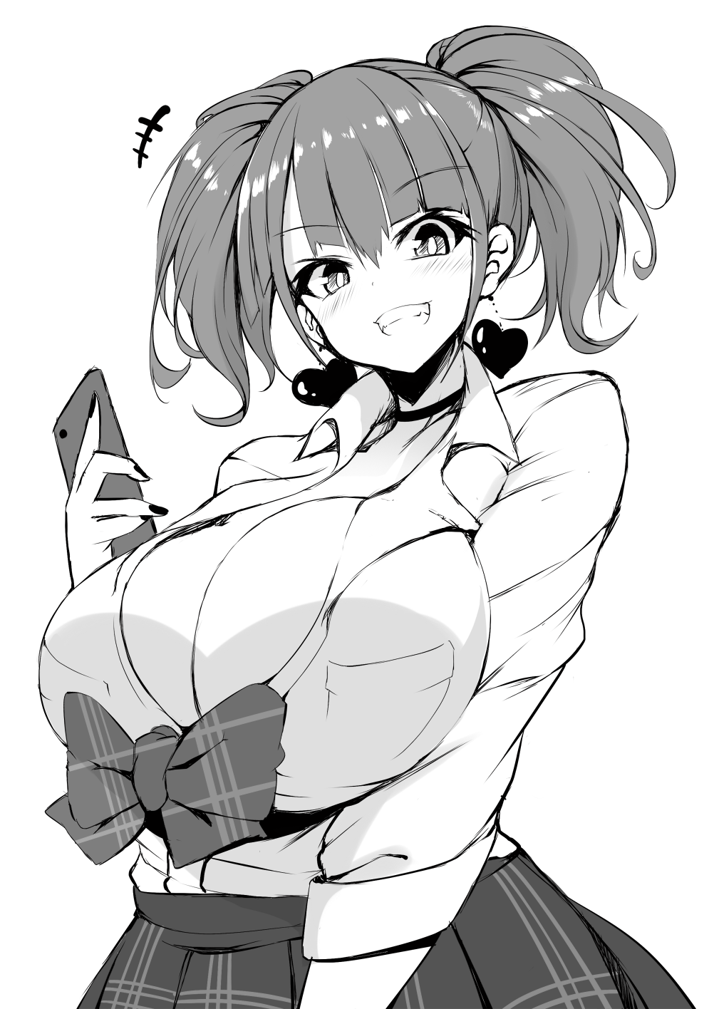 1girl bangs blush bow breast_pocket breasts bursting_breasts cellphone choker collarbone collared_shirt commentary dress_shirt earrings eyebrows_visible_through_hair greyscale grin hair_between_eyes heart heart_earrings highres holding holding_phone huge_breasts jewelry kotobuki_mirai long_sleeves looking_at_viewer monochrome nail_polish noah's_notes partially_unbuttoned phone plaid plaid_bow plaid_skirt pleated_skirt pocket shiny shiny_hair shirt shirt_tucked_in short_hair short_twintails simple_background skirt smartphone smile solo sukage twintails white_background
