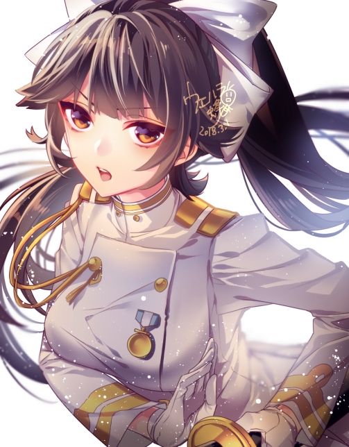 aiguillette azur_lane black_hair bow commentary_request gloves hair_bow hair_flaps holding holding_sword holding_weapon katana military military_uniform open_mouth ponytail ribbon solo sword takao_(azur_lane) uehara_(higanbachi) uniform weapon white_bow white_gloves white_ribbon