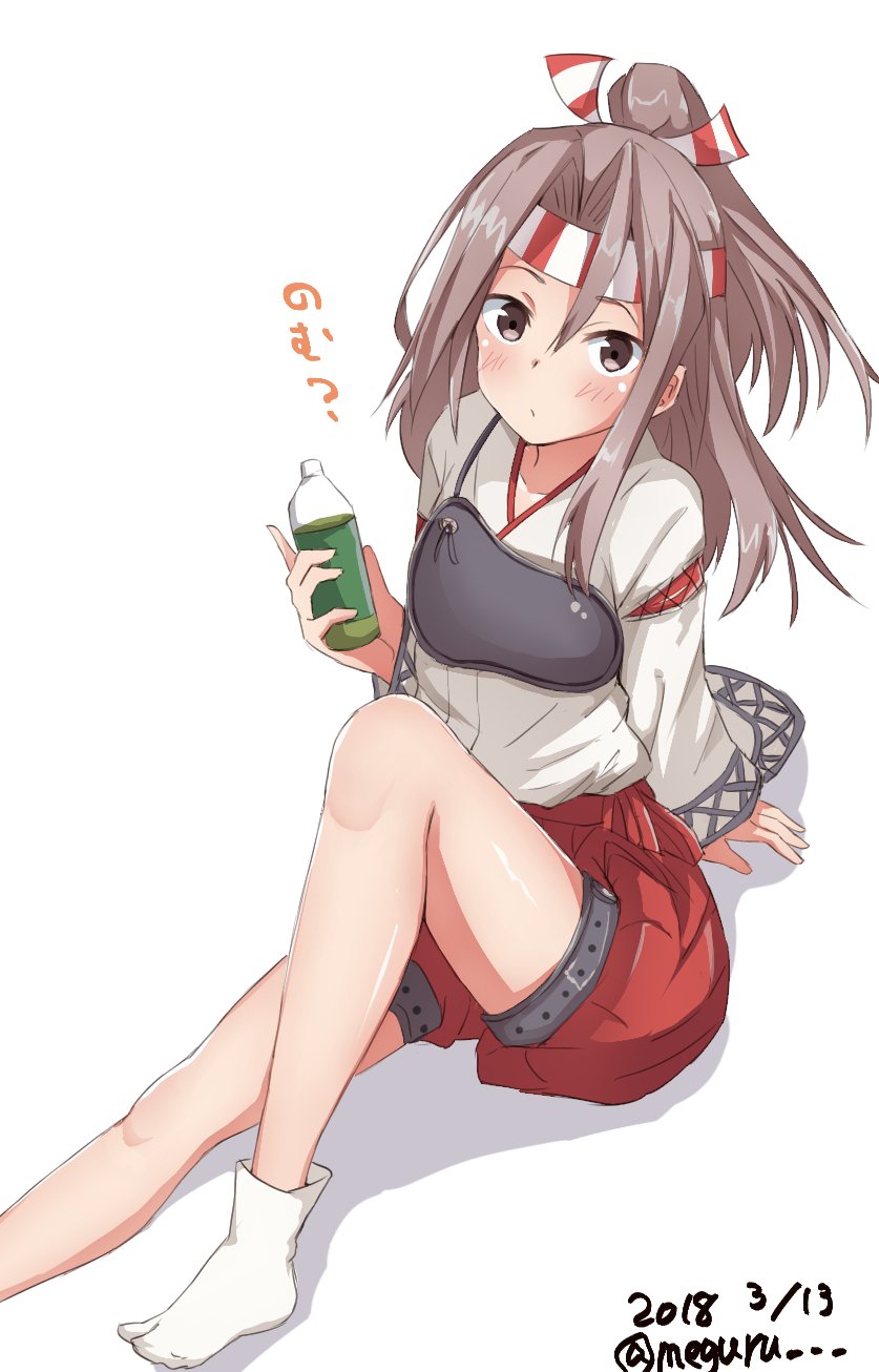 bottle brown_eyes brown_hair commentary_request dated full_body hachimaki headband high_ponytail highres japanese_clothes kantai_collection long_hair looking_at_viewer meguru_(megurunn) muneate ponytail puffy_shorts red_shorts remodel_(kantai_collection) shorts simple_background sitting socks solo translated twitter_username white_background white_legwear zuihou_(kantai_collection)