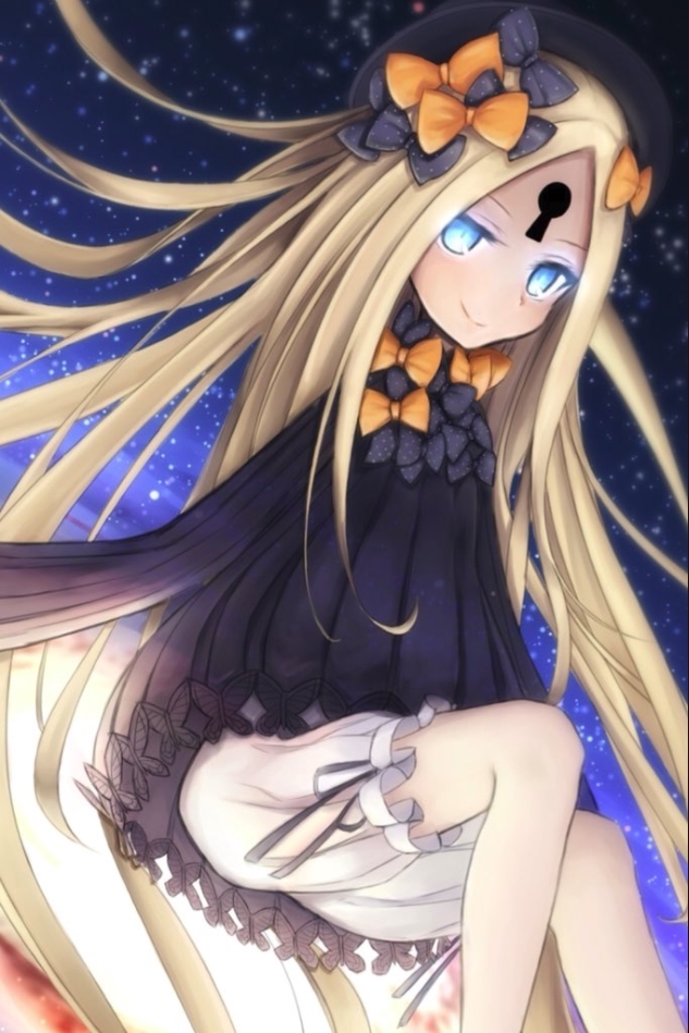 abigail_williams_(fate/grand_order) bangs black_bow black_dress black_hat blonde_hair bloomers blue_eyes bow bug butterfly closed_mouth commentary_request dress fate/grand_order fate_(series) glowing glowing_eyes hair_bow hat insect keyhole long_hair long_sleeves night night_sky onion_(kumagaioyr) orange_bow parted_bangs polka_dot polka_dot_bow sitting sky sleeves_past_fingers sleeves_past_wrists smile solo star_(sky) starry_sky underwear very_long_hair white_bloomers