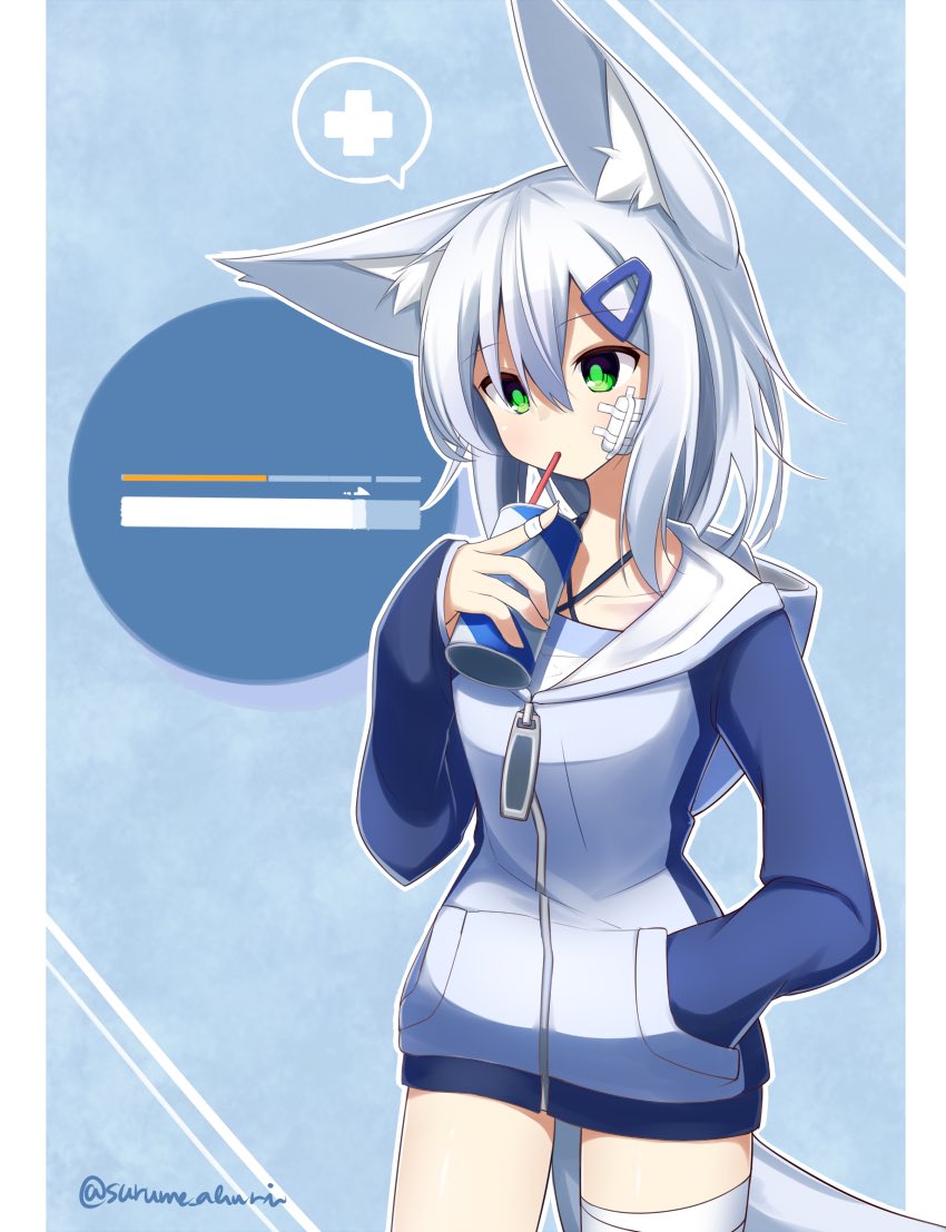 animal_ear_fluff animal_ears bandage_on_face bandaged_fingers bandaged_leg bandages bangs blue_background blue_jacket can collarbone commentary_request cowboy_shot cross drinking drinking_straw eyebrows_visible_through_hair fox_ears fox_girl fox_tail hair_between_eyes hair_ornament hairclip hand_in_pocket holding holding_can hood hood_down hooded_jacket jacket long_sleeves looking_away medium_hair original outline playerunknown's_battlegrounds progress_bar shirogane_kasane sidelocks silver_hair solo speech_bubble surume_aburi tail twitter_username unaligned_ears white_outline zipper
