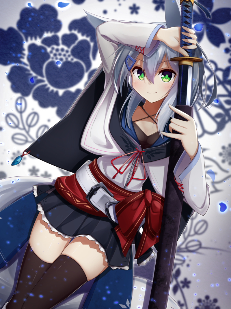 animal_ears arm_over_head bangs belt black_legwear black_skirt blush bow closed_mouth commentary_request dutch_angle eyebrows_visible_through_hair feet_out_of_frame flower fox_ears fox_girl fox_tail gradient gradient_background green_eyes hair_between_eyes hair_ornament hairclip holding holding_sword holding_weapon katana long_sleeves looking_at_viewer medium_hair miniskirt obi original ribbon sash sheath shirogane_kasane sidelocks silver_hair skindentation skirt smile solo surume_aburi sword tail thighhighs unsheathing weapon white_background zettai_ryouiki