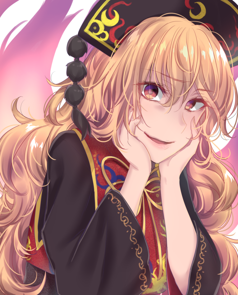 asa_(coco) aura black_dress blonde_hair commentary_request dress eyebrows_visible_through_hair hands_on_own_cheeks hands_on_own_face headdress junko_(touhou) long_hair long_sleeves looking_at_viewer neck_ribbon parted_lips pom_pom_(clothes) red_eyes ribbon simple_background smile solo tabard tassel touhou upper_body wavy_hair white_background wide_sleeves yellow_neckwear yellow_ribbon