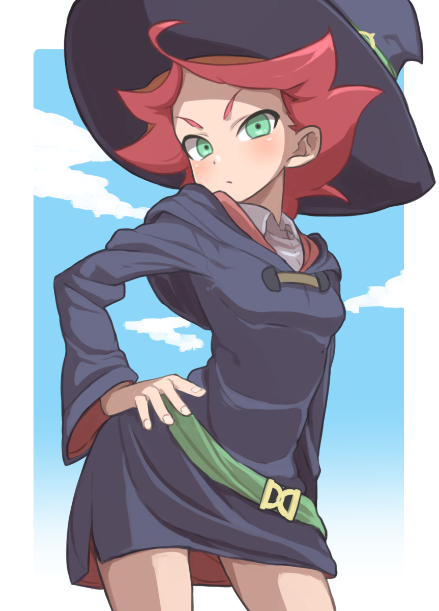amanda_o'neill blush breasts gazacy_(dai) green_eyes hand_on_hip hat highres little_witch_academia looking_at_viewer orange_hair short_hair small_breasts solo witch_hat