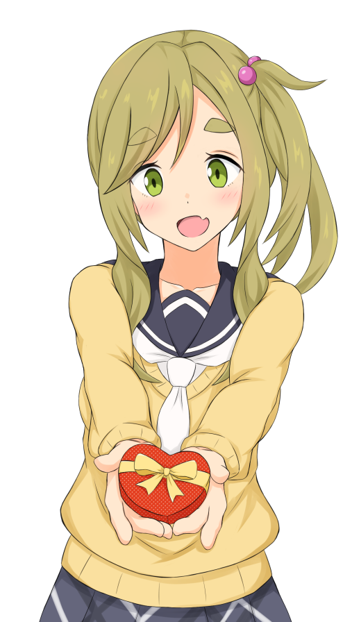 blush brown_hair gift green_eyes inuyama_aoi long_hair ponytail seifuku smile valentines yuru_camp