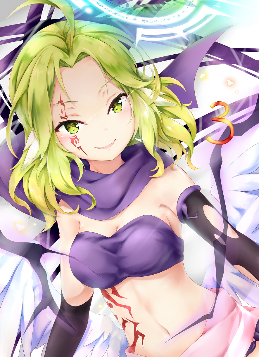 ahoge angel_wings azriel_(no_game_no_life) breasts cleavage cross feathered_wings gloves green_eyes green_hair halo highres ikasoke_(likerm6au) low_wings magic_circle medium_breasts midriff navel no_game_no_life short_hair smile solo symbol-shaped_pupils tattoo white_wings wing_ears wings
