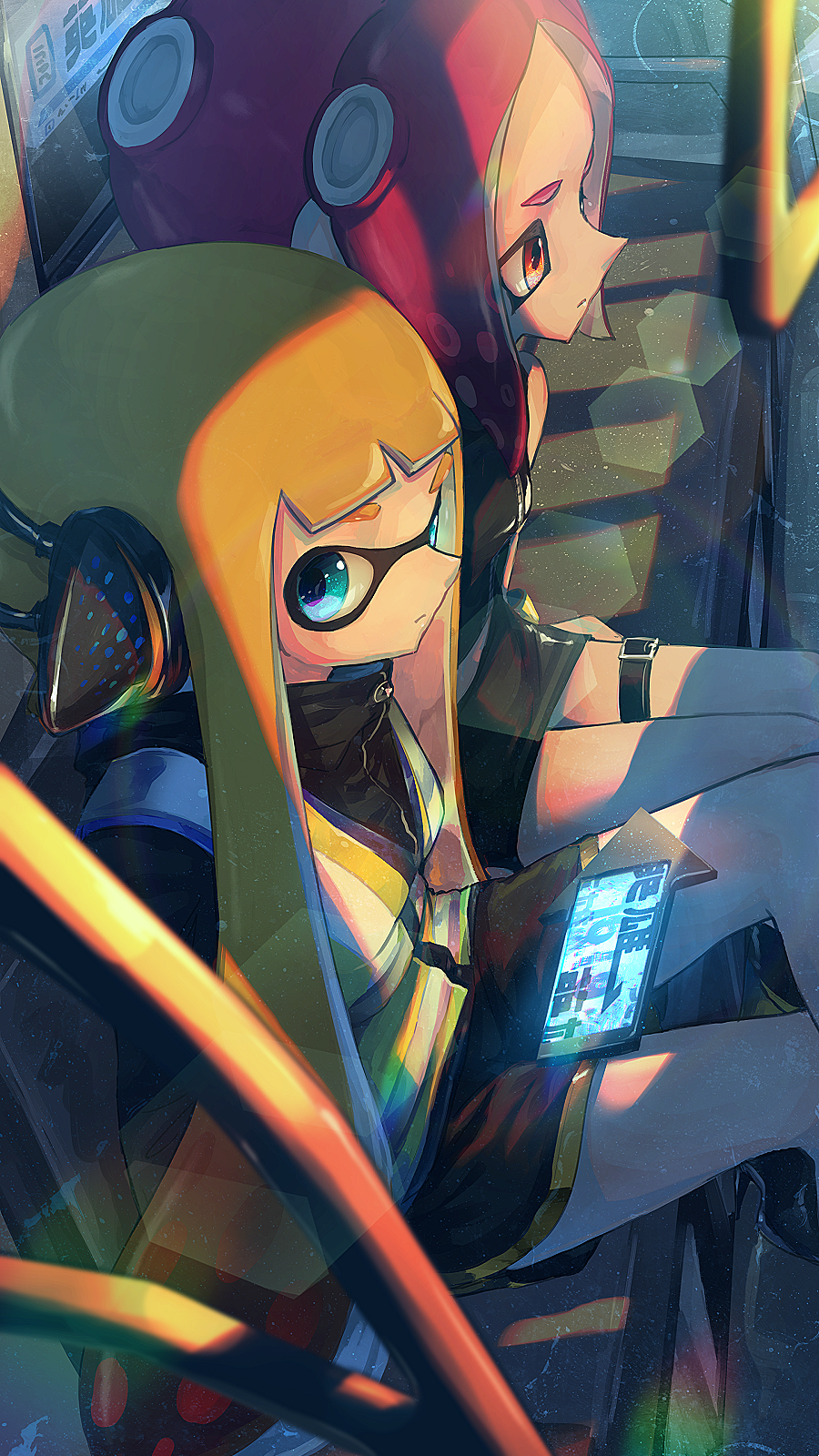 bangs black_jacket black_shirt black_shorts blunt_bangs blurry closed_mouth commentary crop_top dark_skin depth_of_field domino_mask expressionless from_above green_eyes headset high-visibility_vest highres inkling jacket kashu_(hizake) lens_flare long_hair long_sleeves looking_at_viewer mask midriff miniskirt monster_girl multiple_girls octarian octoling orange_hair pink_hair red_eyes shade shirt short_eyebrows shorts sideways_glance sitting skirt sleeveless sleeveless_shirt splatoon_(series) splatoon_2 splatoon_2:_octo_expansion squidbeak_splatoon suction_cups sunlight tentacle_hair thigh_strap train_interior vest yellow_vest