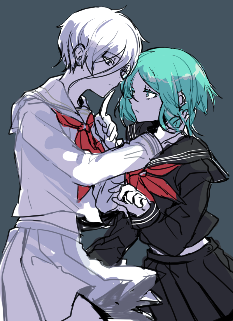 alternate_costume antarcticite blue_eyes contemporary finger_to_mouth green_eyes green_hair grey_eyes hair_between_eyes houseki_no_kuni looking_at_another multiple_others phosphophyllite retto sailor_collar school_uniform short_hair skirt white_hair