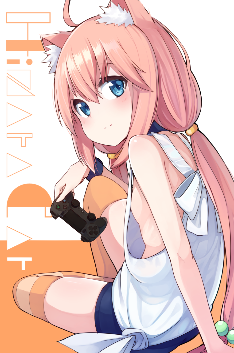3: ahoge animal_ear_fluff animal_ears blue_eyes breasts cat_ears commentary_request controller dualshock flat_chest game_console game_controller gamepad hair_bobbles hair_ornament hair_tubes highres hinata_channel holding long_hair looking_at_viewer low_twintails nekomiya_hinata okota_mikan pink_hair playstation_4 shorts sideboob simple_background sitting smile solo striped striped_legwear twintails virtual_youtuber wristband
