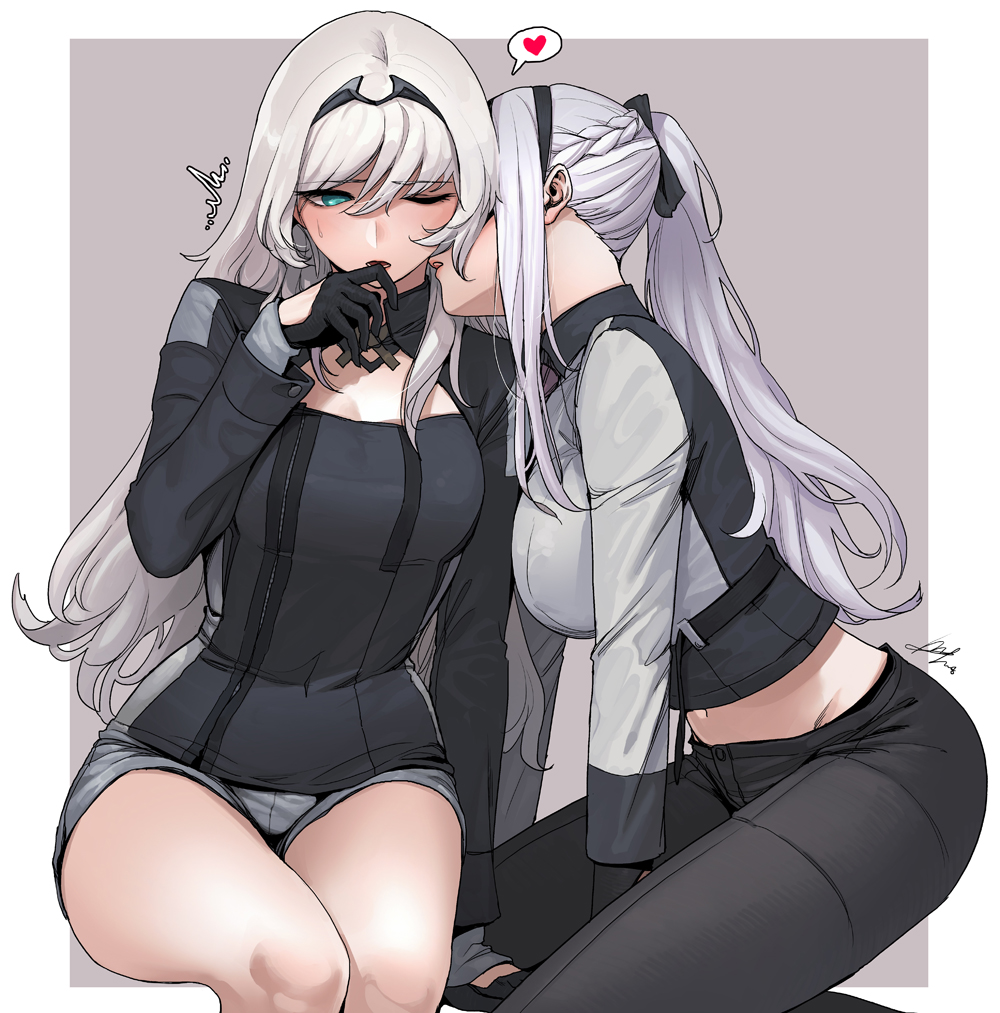 ak-12_(girls_frontline) an-94_(girls_frontline) arm_support bangs bare_legs black_gloves black_pants black_ribbon blush bow braid breasts cleavage cleavage_cutout commentary cowboy_shot eyebrows_visible_through_hair finger_to_mouth from_side girls_frontline gloves green_eyes hair_between_eyes hair_bow hairband heart imminent_kiss large_breasts legs_together long_hair long_sleeves looking_at_another midriff multiple_girls navel one_eye_closed open_mouth outside_border pants ponytail revision ribbon shorts side_braid sidelocks signature sungwon sweat sweatdrop white_hair yuri zipper