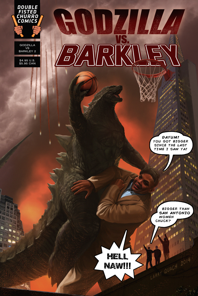 bald ball basketball building charles_barkley churro claws cloud comic commentary condensation_trail cover crossover crowd dark_skin dark_skinned_male defeat epic ernie_johnson fake_cover fangs fire formal giant godzilla godzilla_(series) jumping kaijuu kenny_smith larry_quach meme missile monster multiple_boys parody real_life realistic science_fiction shaquille_o'neal signature smoke speech_bubble spikes suit tail very_dark_skin what