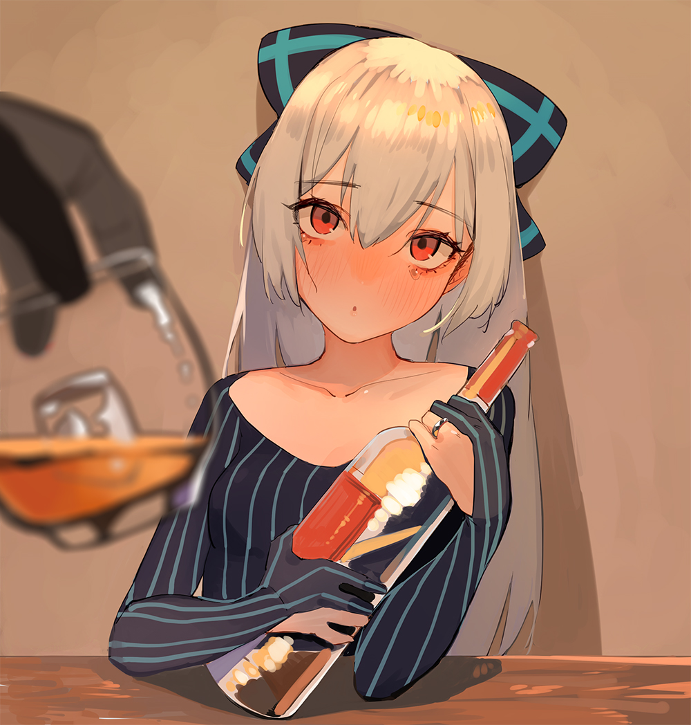 1girl :o alcohol bangs blush bottle bow collarbone commentary cup drunk eyebrows_visible_through_hair girls_frontline gloves hair_between_eyes hair_bow head_tilt holding holding_bottle holding_cup ice ice_cube jewelry juz long_hair long_sleeves looking_at_viewer out_of_frame partly_fingerless_gloves pov pov_hands red_eyes ring shirt sidelocks solo_focus striped table tearing_up tears tokarev_(girls_frontline) upper_body vertical_stripes wedding_band white_hair