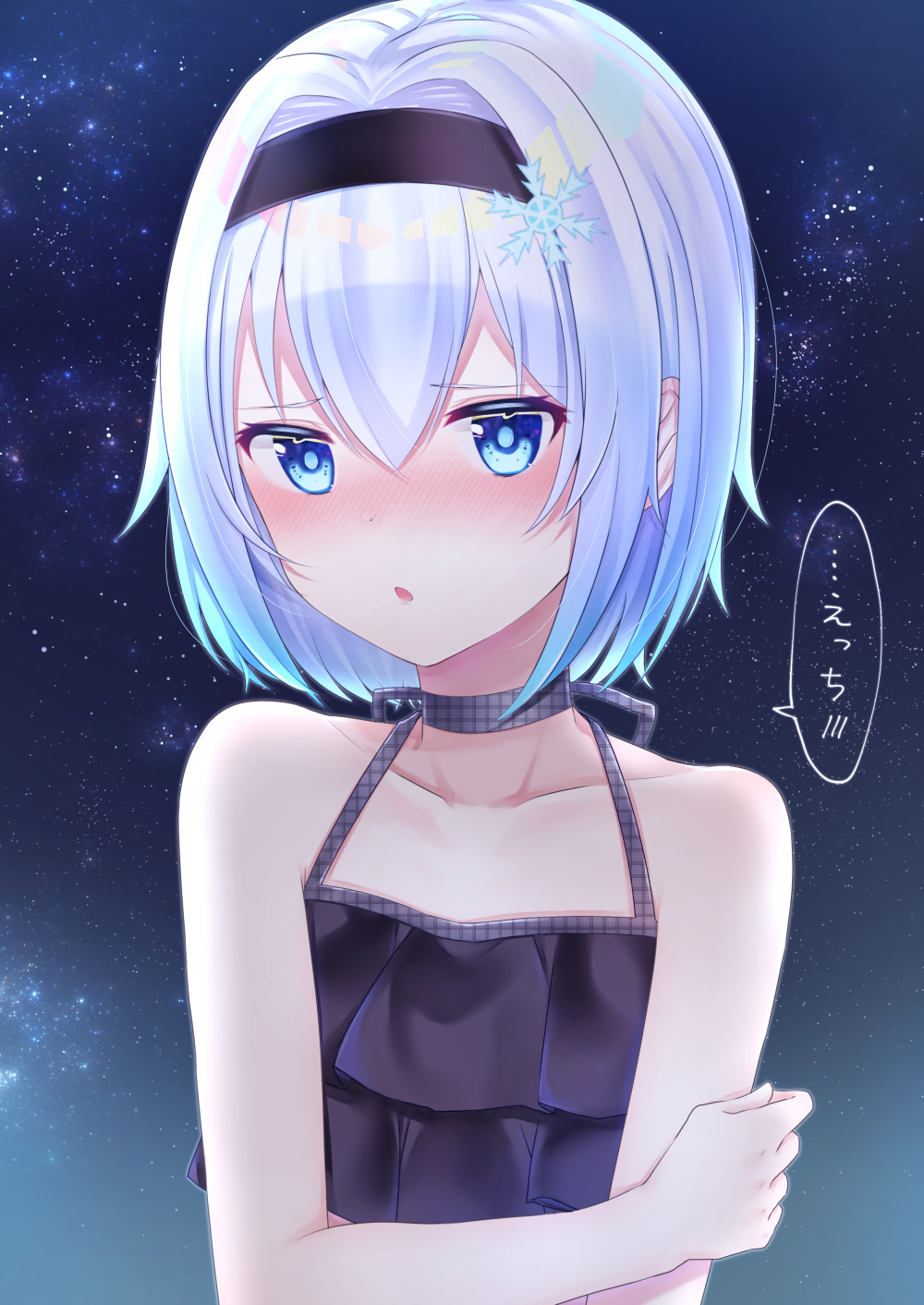 :o bangs bare_arms bare_shoulders bikini black_bikini black_hairband blue_eyes blush collarbone commentary_request eyebrows_visible_through_hair gyozanuko hair_between_eyes hair_ornament hairband halter_top halterneck highres looking_away looking_to_the_side night night_sky nose_blush parted_lips ryuuou_no_oshigoto! silver_hair sky snowflake_hair_ornament solo sora_ginko star_(sky) starry_sky swimsuit translated