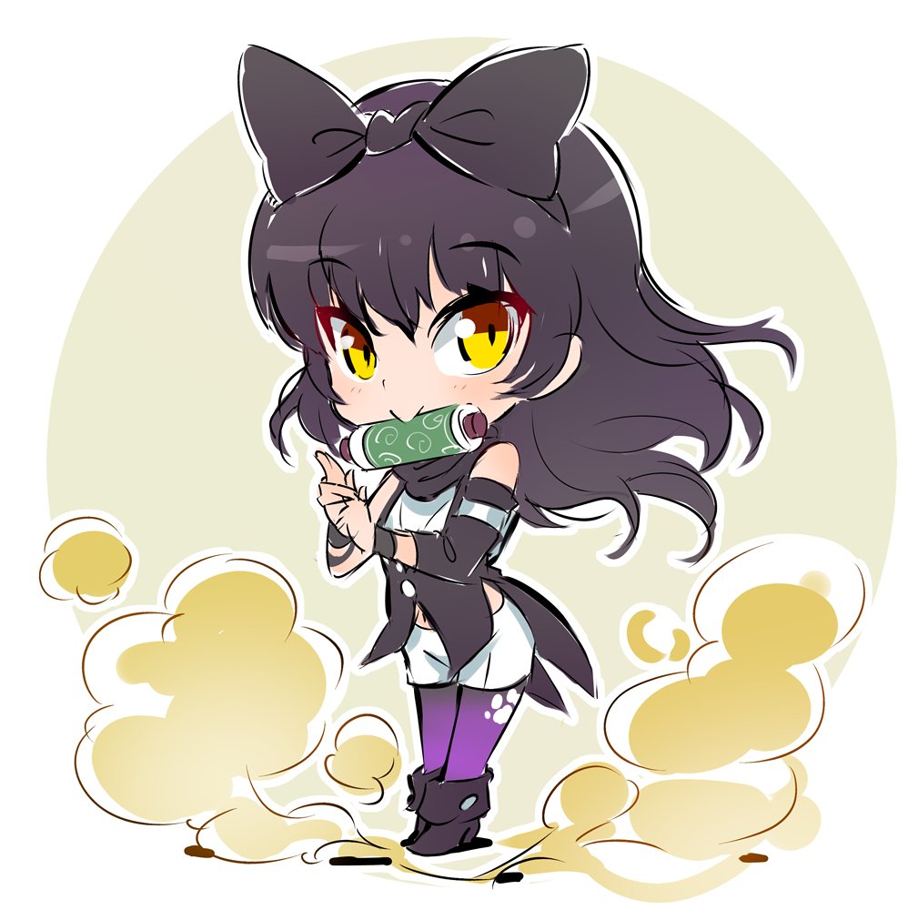 black_hair blake_belladonna chibi commentary iesupa long_hair ninja pantyhose rwby rwby_chibi scroll smoke solo yellow_eyes