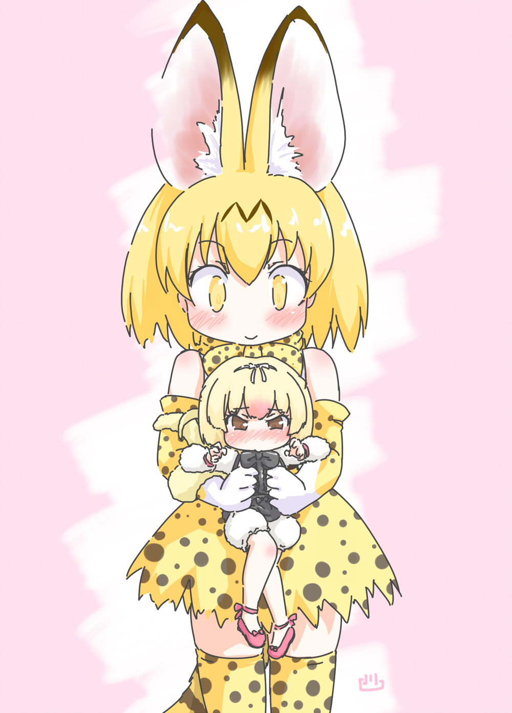 animal_ears bare_legs bare_shoulders blonde_hair blush bow bowtie carrying dress_shoes elbow_gloves eyebrows_visible_through_hair full-face_blush gloves hair_bow highres kemono_friends long_sleeves multicolored_hair multiple_girls puffy_sleeves serval_(kemono_friends) serval_ears serval_print serval_tail short_hair silky_anteater_(kemono_friends) skirt tail thighhighs uho_(uhoyoshi-o) vest