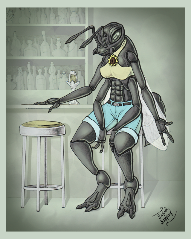 2011 2_toes 3_fingers 4_arms abdomen abs alcohol antennae anthro arthropod bar bar_stool bee beverage biped black_exoskeleton black_eyes blue_bottomwear blue_clothing border breasts chair clothed clothing compound_eyes crop_top denim_shorts digital_drawing_(artwork) digital_media_(artwork) digitigrade exoskeleton female flower front_view full-length_portrait goldwater insect insect_wings inside midriff multi_arm multi_limb non-mammal_breasts on_chair plant portrait shadow shirt shorts signature sitting smile solo stinger stool sunflower tan_clothing tan_topwear toes white_border wine_bottle wings